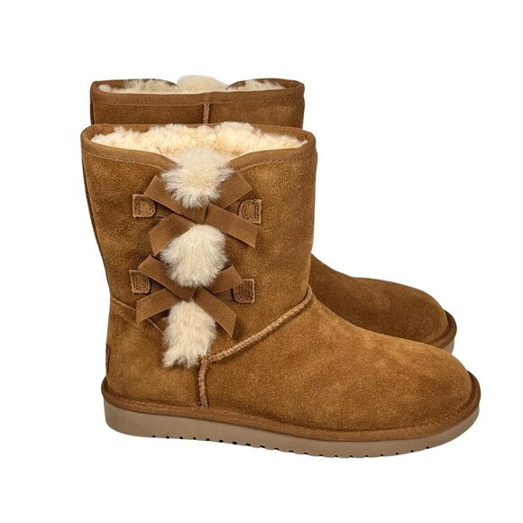 NEW Kookaburra By UGG Victoria Suede Boots SZ 8 Tan Shearling Fur Bow Winter - Picture 2 of 8